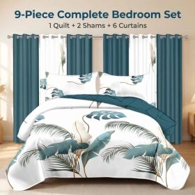 9 Piece Tropical Palm Leaf Quilt Set With 6 Independent Curtains, Heavyweight High-GSM Bedspread And Light Filtering Window Drapes Bundle, Teal B (Option: Tropical Palm Leaf-KING)