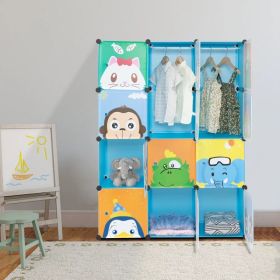 4-Layer 12-Grid 2-Hanging Rod Magic Cube Wardrobe, Plastic + Steel Wire Material with Animal Pattern, Pattern Door Blue Cabinet (Option: As picture)