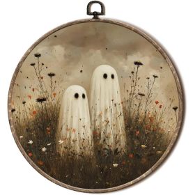 Vintage Halloween Ghost Round Wall Art, Moody Wildflower Spooky Ghost Framed Canvas Print, 10 X 10 Inch Hanging Decor For Home (Option: MULTI)