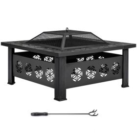 32 Inch Square Outdoor Wood Burning Fire Pit Table, Heavy Duty Wrought Iron Firepit With Pyramid Screen Lid & Fire Poker, Decorative Floral Cutou (Option: 32273278)