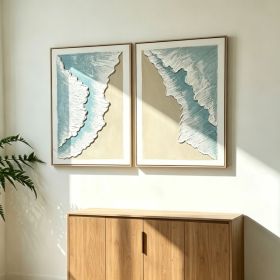 24x32 Set of 2 Framed Ocean Wave Wall Art, Aqua Blue & Beige Textured Canvas Painting, Coastal Beach Decor for Living Room Bedroom, Ready to Hang (Option: Aqua Blue)