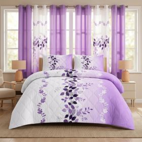 9-Piece Purple Floral Quilt and Curtain Set, Reversible Microfiber Bedspread with 2 Pillow Shams and 6 Window Curtains, Twin, Queen, King and Cal (Option: California King)