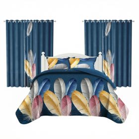 9 Piece Room In A Bag Quilt And Curtain Set, US Designer Navy Blue Boho Feather Print Heavyweight Bedspread With 6 Customizable Window Panels, Pe (Option: Cal King)