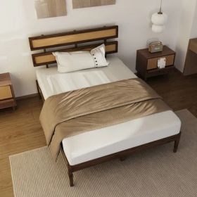 Dark walnut wood painted finish + rattan and pine wood double headboard full size wooden bed, Bohemian style (Option: default title)