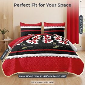 9-Piece Black And Red Floral Bedspread And Curtain Set, Reversible Microfiber Bedding Set For King And California King (Option: California King)