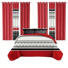 9 Piece Room In A Bag Quilt And Curtain Set, US Designer Red And Black Geometric Chevron Heavyweight Bedspread With 6 Customizable Window Panels, (Option: Cal King)