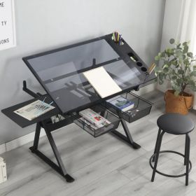 black adjustable tempered glass drafting printing table with chair (Option: default title)