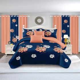 9-Piece Navy & Coral Floral Bedding & Curtain Set (Queen/King/Cal King) - Quilted Microfiber Bedspread + Sheer Curtains (Option: blue/red flower-CAL KING)
