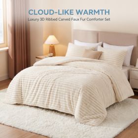 1PC Thick Reversible Plush Comforter, Soft Striped Fluffy Quilt, All Season Warm Bedding Comforter For Home Bed (Option: Beige-104x90 inch)