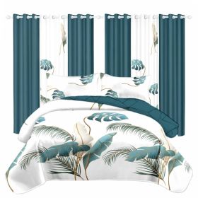 9 Piece Tropical Palm Leaf Quilt Set With 6 Independent Curtains, Heavyweight High-GSM Bedspread And Light Filtering Window Drapes Bundle, Teal B (Option: Queen)
