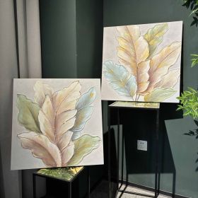 24x24 Set of 2 Botanical Leaf Wall Art, Neutral Antique White & Green Textured Canvas Painting with Gold Accents, Framed Decor for Living Room Be (Option: Green Leaf)