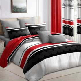9-Piece Red & Geometric Zigzag Bedding & Curtain Set (Queen/King/Cal King) - Quilted Microfiber Bedspread + Sheer Curtains (Option: Red/Black Stripes-TWIN)