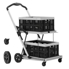 Collapsible Shopping Cart With Wheels Foldable For Grocery Black Gray, 200lbs Capacity Rolling Utility Cart, Storage Crate & Foot Brake, Portable (Option: Default)