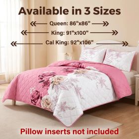 3-Piece Pink Rose Quilted Bedspread Set For King And California King (Option: California King)