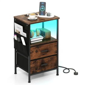 Nightstand with LED Lights & Charging Station, 2 Folding Fabric Drawers (Option: default title)