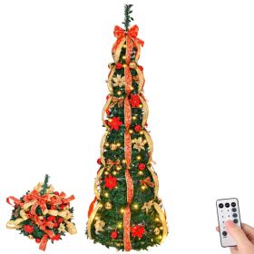 6 FT Fully Decorated Pre-lit Christmas Tree, Pop Up Artificial Xmas Tree with 150 Warm Lights Battery Operated and Red & Golden Ornaments for Hom (Option: default title)