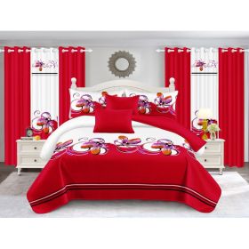 9-Piece Red And White Butterfly Bedspread And Curtain Set For California King (Option: California King)