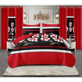 9-Piece Black Red Floral Bedspread Set With Curtains, Quilted Microfiber Bedding Set For Twin XL, King And Cal King (Option: Twin XL)