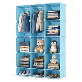 3-Cube Blue Modular Kids Closet, PP & Metal Storage Organizer with Hanging Rods, Tool-Free Assembly Baby Wardrobe for Clothes Toys Books (Option: default title)