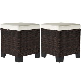 2 Piece Wicker Outdoor Ottomans With Cushions, Rattan Ottoman Footrest And Side Table For Patio, Yard, Poolside, Beige (Option: Beige)