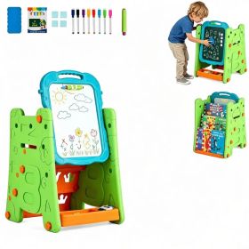 Green 3-in-1 Kids Double Sided Art Easel, Magnetic Whiteboard & Chalkboard Standing Drawing Board with Adjustable Height Angle, Storage Tray Book (Option: default title)
