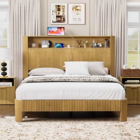 Queen Size bed frame with storage headboard, built-in charging station, wavy curved lines design, silent operation, metal support, Natural (Option: default title)