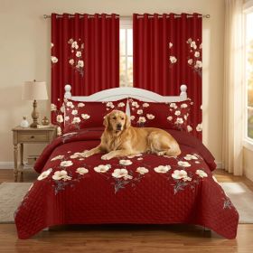 9-Piece Red Floral Quilt and Curtain Set, Reversible Microfiber Bedspread with 2 Pillow Shams and 6 Window Curtains, Queen, King and California K (Option: California King)