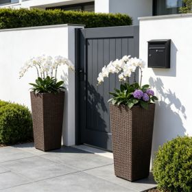 Set Of 2 Rattan Planters With Removable Inner Pots, Metal Frame Adjustable Foot Pads For Garde - Brown (Option: 74396867)