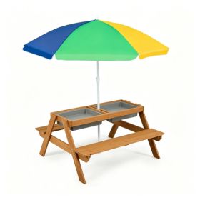 3-in-1 Kids Picnic Table With Adjustable Umbrella, Fir Wood Outdoor Activity Table Set With Detachable Storage Boxes, Sand & Water Play Table For (Option: 49825262)