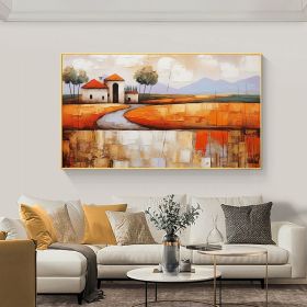 Hand Painted Oil Painting Abstract Village Oil Painting on Canvas Large Wall Art Original Minimalist Orange Landscape Art Custom Painting Boho Li (Style: 01, size: 100x150)