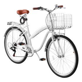 Women Bike, 26 In Beach Cruiser Bike, 7-Speed Adult City Bicycle With Carbon Steel Frame, 330 Lbs Capacity, Basket, Rear Rack & Dual V-Brakes, Wh (Option: Default)