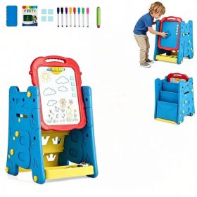 Blue 3-in-1 Kids Double Sided Art Easel, Magnetic Whiteboard & Chalkboard Standing Drawing Board with Adjustable Height Angle, Storage Tray Book (Option: default title)